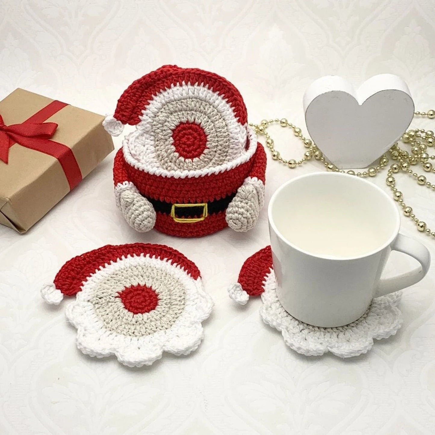 🎄 Santa Coasters & Basket – Christmas Crochet Pattern (PDF)