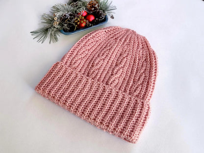 🧶 Classic Cable Crochet Beanie Pattern – Cozy Folded Brim Hat PDF ✨