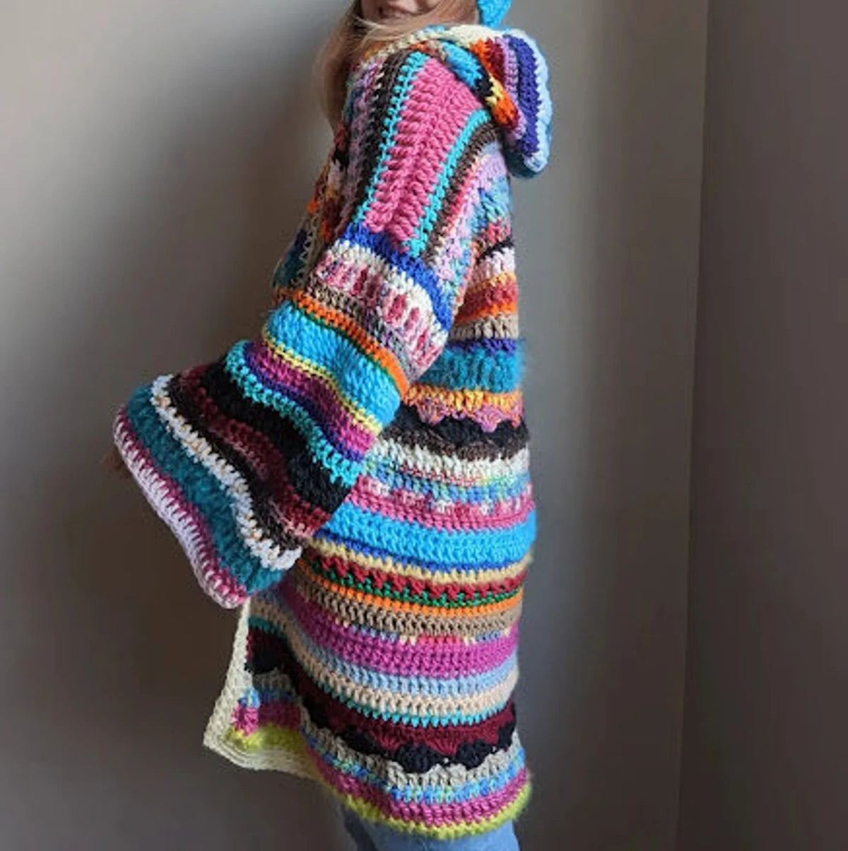 Scrap Yarn Hooded Cardigan Crochet Pattern PDF